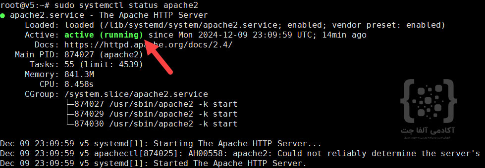 پس از نصب، وضعیت سرور آپاچی را بررسی کنید: