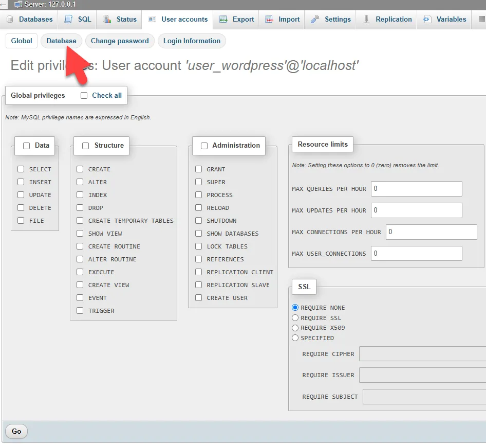 مرحله دوم: ورود به تنظیمات دسترسی Database User